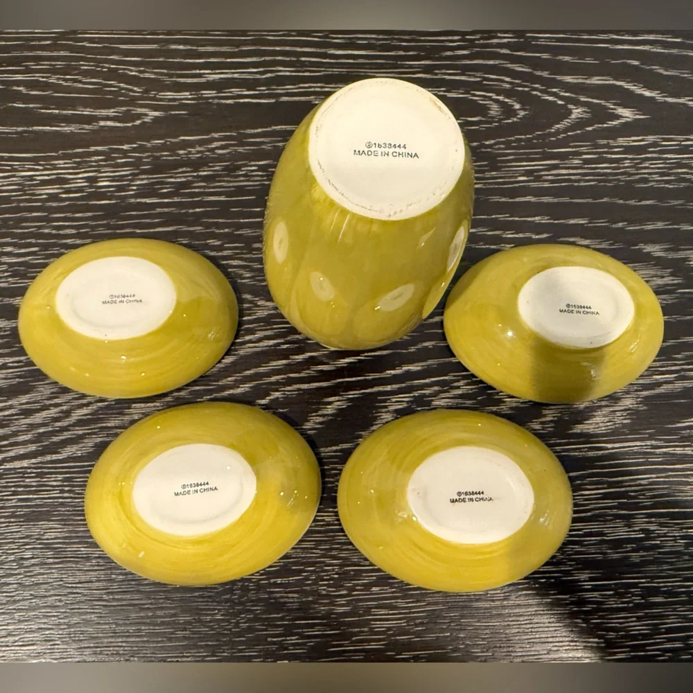 Vintage 5 pc Cruet Bottle Jar Olio Olive Oil Dipping Dish Set Ceramic Glazed - Picture 2 of 6